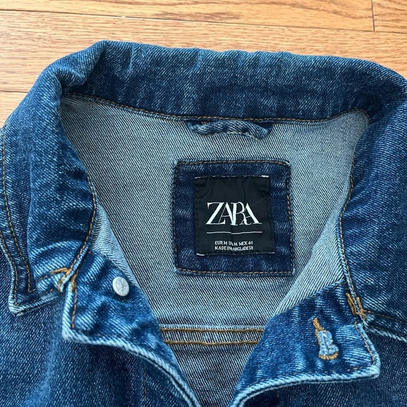 [M] Zara Man Dark Wash Blue Denim Trucker Jacket Button Stretch - Picture 4 of 8